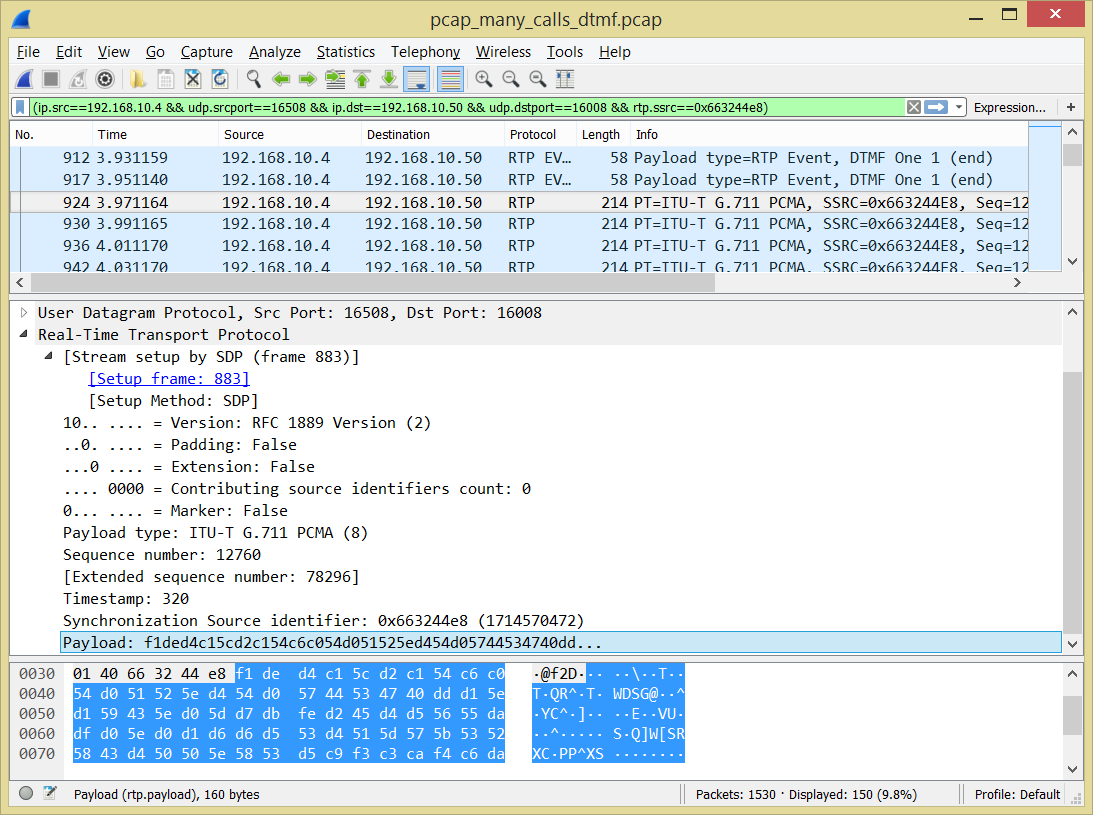 VoIP RTP streams analysis in Wireshark - view packets